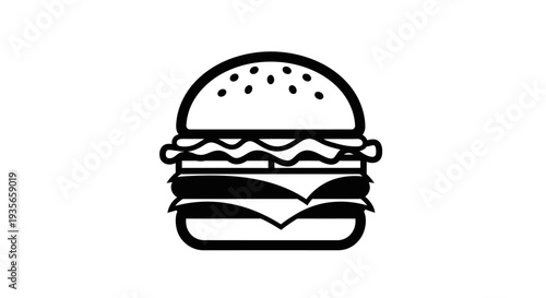 Minimalist black and white illustration of a hamburger on white background