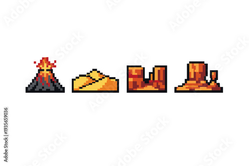 Pixel art game icons showing erupting volcano, gold ore pile, canyon rock formation, and brown boots in retro 8-bit style on white background