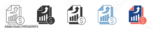 Modern vector icon depicting a financial document with an ascending bar chart and dollar symbol, signifying profitable business growth and increased earnings