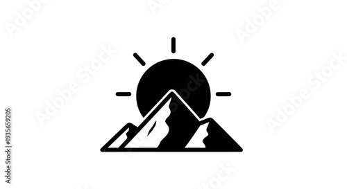 Mountain silhouette with sun rising isolated on white background