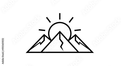 Mountain range silhouette with rising sun symbol for adventure or travel design
