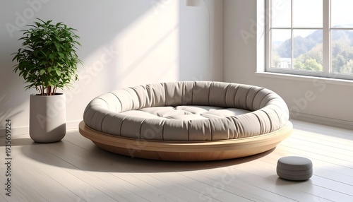 Bright interior with circular dog bed, plant, stool, and natural light from window
