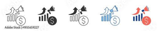 Dynamic marketing and financial growth vector icons illustrating successful business development, investment returns, and effective advertising campaigns