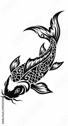 Stylized black and white koi carp illustration with ornamental scales and flowing fins.