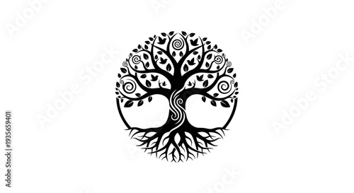 Stylized tree of life illustration in black and white isolated on white background