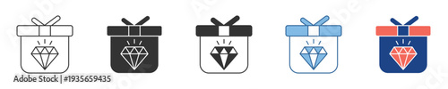 Collection of elegant gift box icons featuring a prominent diamond symbol, representing premium rewards, valuable presents, and exclusive celebration bonuses in a versatile vector design set