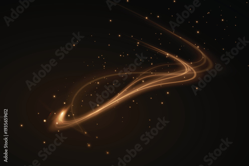 Festive golden wind, isolated on a transparent background. A golden comet with sparkling stars and dust.