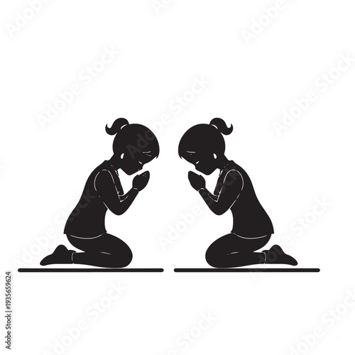 Two children in martial arts uniform bowing to each other on knees, showing respect, isolated on transparent background.