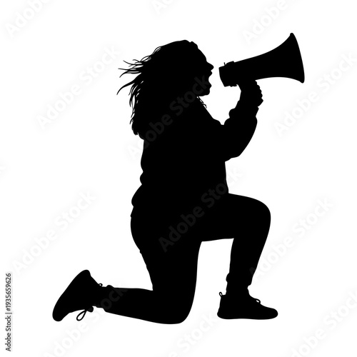 Silhouette of a woman kneeling and shouting into a megaphone for protest or announcement