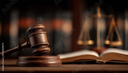 Wooden Gavel, Open Law Book and Scales of Justice on Desk for Legal, Courtroom or Judicial Use