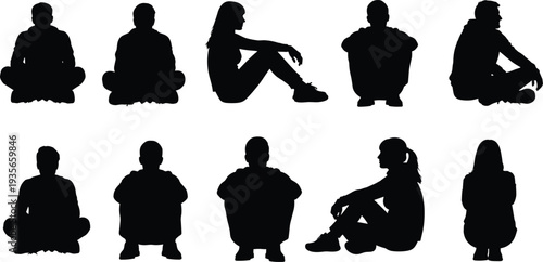 Black silhouettes of diverse families playing, couples standing together, and people fishing from boats isolated on white background for social community,