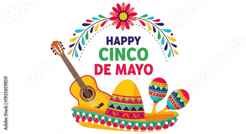 Happy Cinco de Mayo Festive Mexican Celebration Party Banner Vibrant Culture Design Guitar Sombrero Maracas