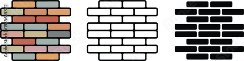 Brick wall silhouette & Outline and illustration set isolated on transparent background