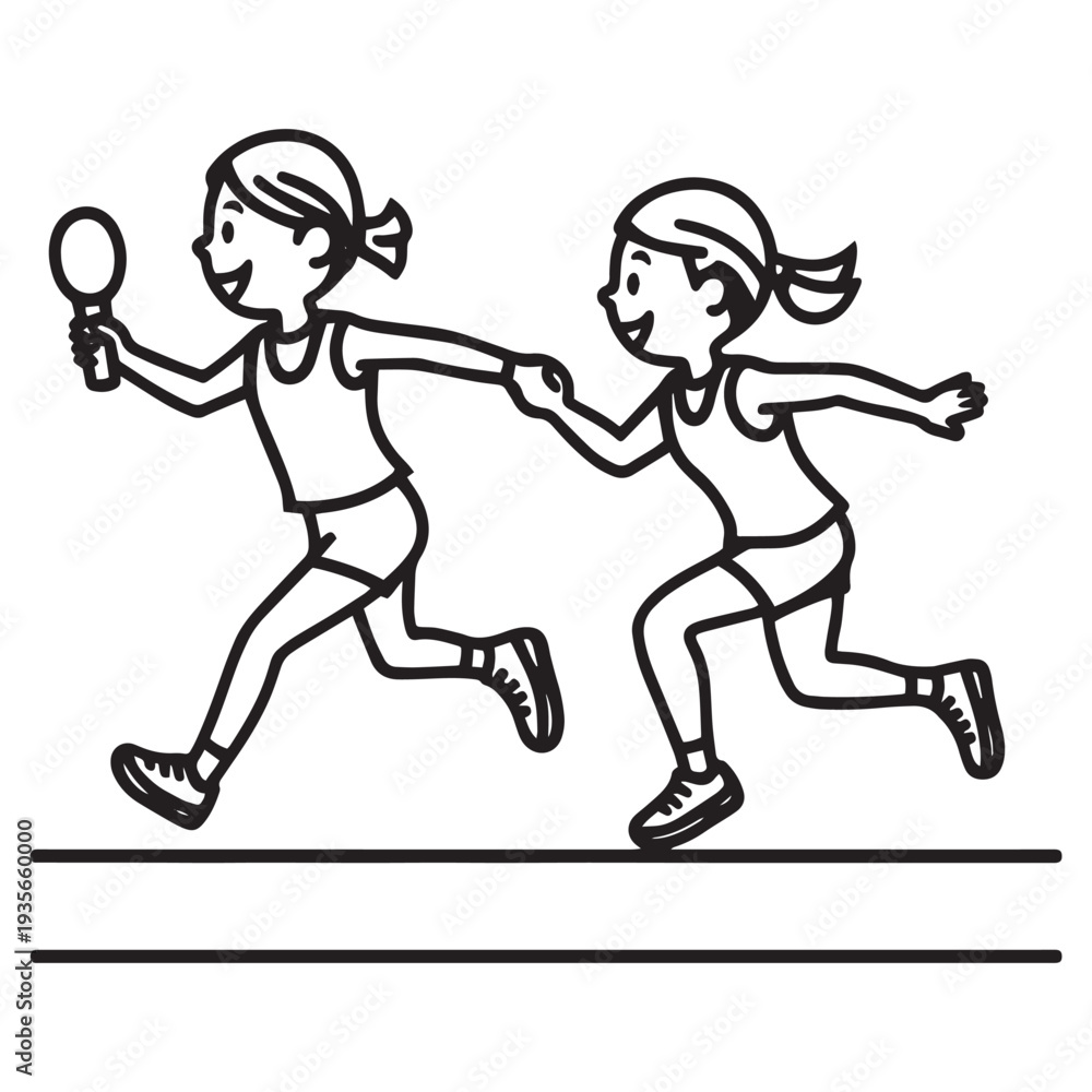 Fototapeta premium Two energetic girls running together in a race, one holding a small paddle, competing friendly on track, active lifestyle, friendship theme