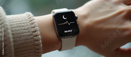 Smartwatch with Health and Sleep Tracking Display on Person's Wrist for Wellness and Balance Monitoring