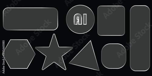 Light frame liquid glass, glass panel set for mobile and web app, tech board frame in futuristic style. HUD element interface, vector illustration. Light glass png banner collection with glow effect