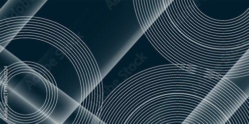 Dark blue abstract background with glowing white circular lines decoration. Circular lines pattern with white shadow effect for cover, banner, brochure, and website. EPS. 2
