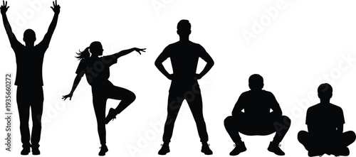 Black silhouettes of diverse people families couples and athletes in various poses isolated on white background for social community and lifestyle,