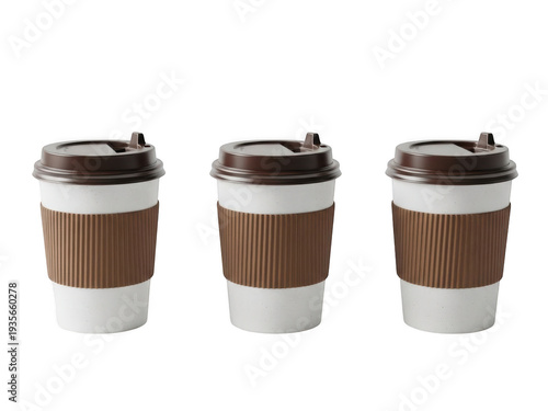 Three white coffee cups with brown sleeves and lids isolated on transparent background