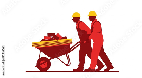 Two Workers Pushing Wheelbarrow Together.
