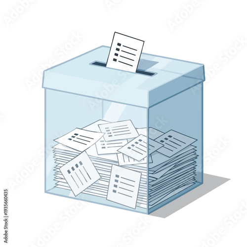 Transparent Ballot Box Filled with Voting Papers for Election or Survey