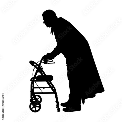 Silhouette of an elderly person using a rollator walker for mobility and support