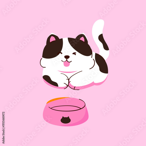 A black and white striped cat is lying down waiting for food, with a cute smile. Hand-drawn.