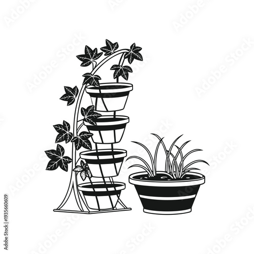 Stacked Plant Pots with Flowering Vine and Potted Plant Illustration � Decorative Garden Arrangement