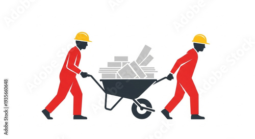 Two Workers Pushing Wheelbarrow with Bricks.