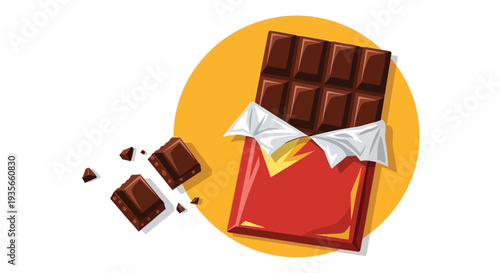 Delicious chocolate bar with broken pieces on yellow background