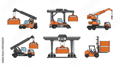 Various Industrial Cranes and Forklifts Moving Cargo.