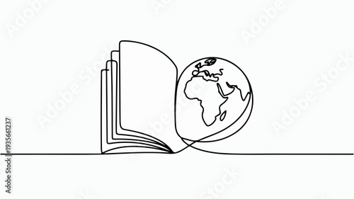 Open book beside a globe on a line drawing style background