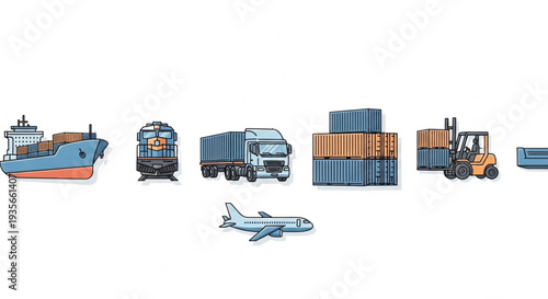 Various modes of transportation and logistics for global shipping and delivery.