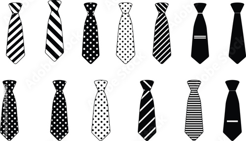 Collection of necktie silhouettes with various patterns including stripes and polka dots, formal fashion accessory set isolated on white background