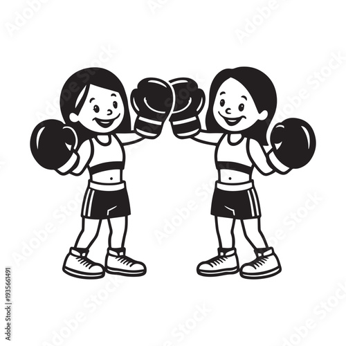 Two young cartoon girls in boxing gloves happily fist bumping against a transparent background, representing competition and friendship in sports