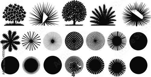 Black silhouette collection of landscape design symbols including overhead plan view trees shrubs and garden plants for architectural site mapping