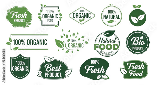 Fresh Organic Natural Food Product Labels Badges Stickers Vector Set for Healthy Lifestyle and Eco Branding