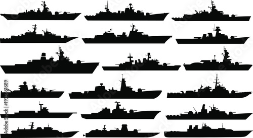 Collection of military warship silhouettes set, naval fleet ships, destroyer frigate cruiser submarine navy vessels black isolated vector style maritime defense illustration