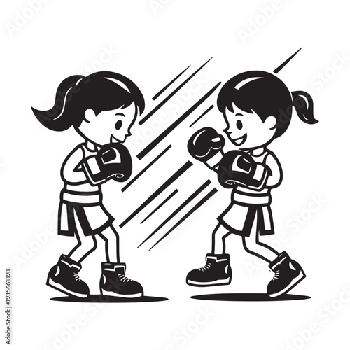 Two young girls in boxing gloves sparring, depicting a friendly boxing match with movement lines, showcasing determination and active sport