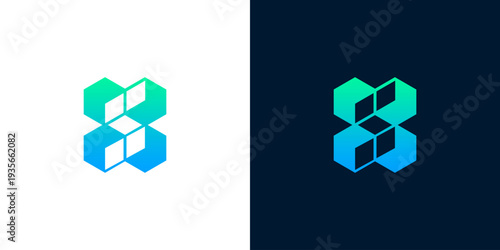 Dynamic interlocking hexagonal forms in a refreshing blue-green gradient represent progress, stability, and digital innovation, creating a modern and versatile visual emblem