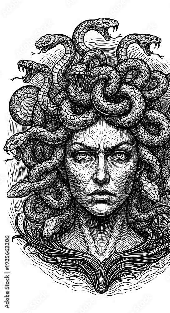 Fototapeta premium Engraved portrait of a fearsome mythical female figure with serpents for hair