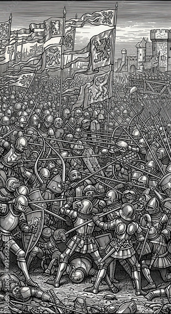Fototapeta premium Medieval armored soldiers engage in fierce hand to hand combat beneath numerous military standards near a fortified structure
