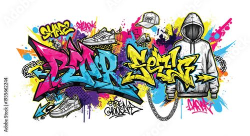 Colorful urban graffiti mural with bold lettering and characters.