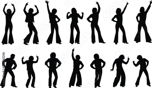 Collection of retro dancing people silhouettes in disco style poses isolated on white background, vintage party, nightlife, music, and energetic movement concept