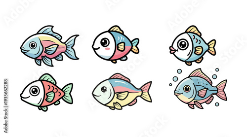 Cute Cartoon Fish Collection Illustration, Colorful Kawaii Fish Characters Set Isolated on White Background