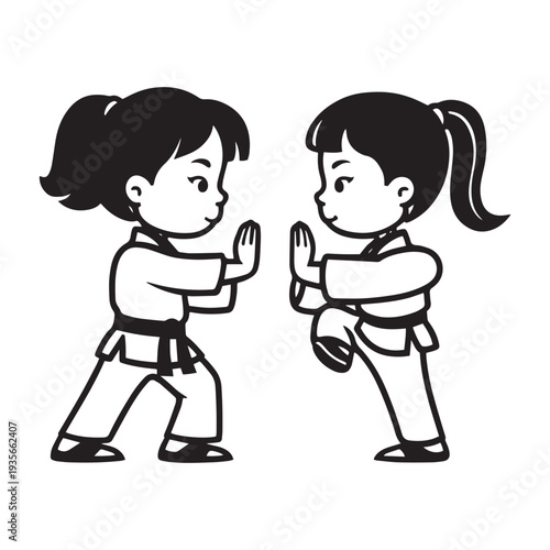 Two young girls practicing martial arts in traditional gi, one performing a block and the other a kick, demonstrating a training session