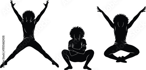 Black silhouette of woman with curly hair performing energetic jumping jacks, crouched yoga pose, and fitness dance movements on white background