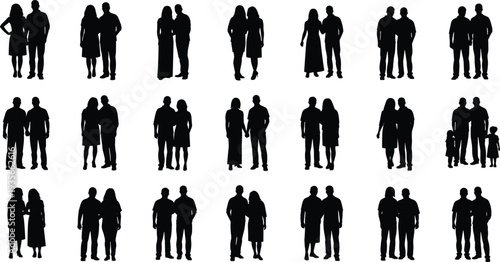 Black silhouettes of diverse couples and families standing together in rows on white background for relationship unity and social connection,