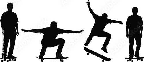 Black skateboarder silhouettes performing tricks and jumps, set of isolated vector figures for extreme sports design, skateboarding urban youth culture art.