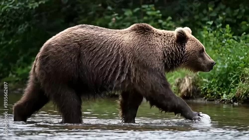 Brown bear (Ursus arctos), large omnivorous mammal from the Ursidae family walking through forest habitat near water environment.